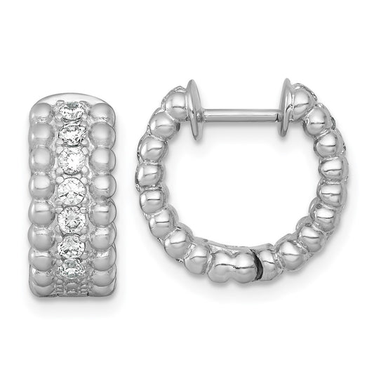 QE18126 Sterling Silver Rhodium-plated Polished and Beaded CZ Round Hinged Hoop Earrings
