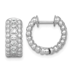 QE18126 Sterling Silver Rhodium-plated Polished and Beaded CZ Round Hinged Hoop Earrings