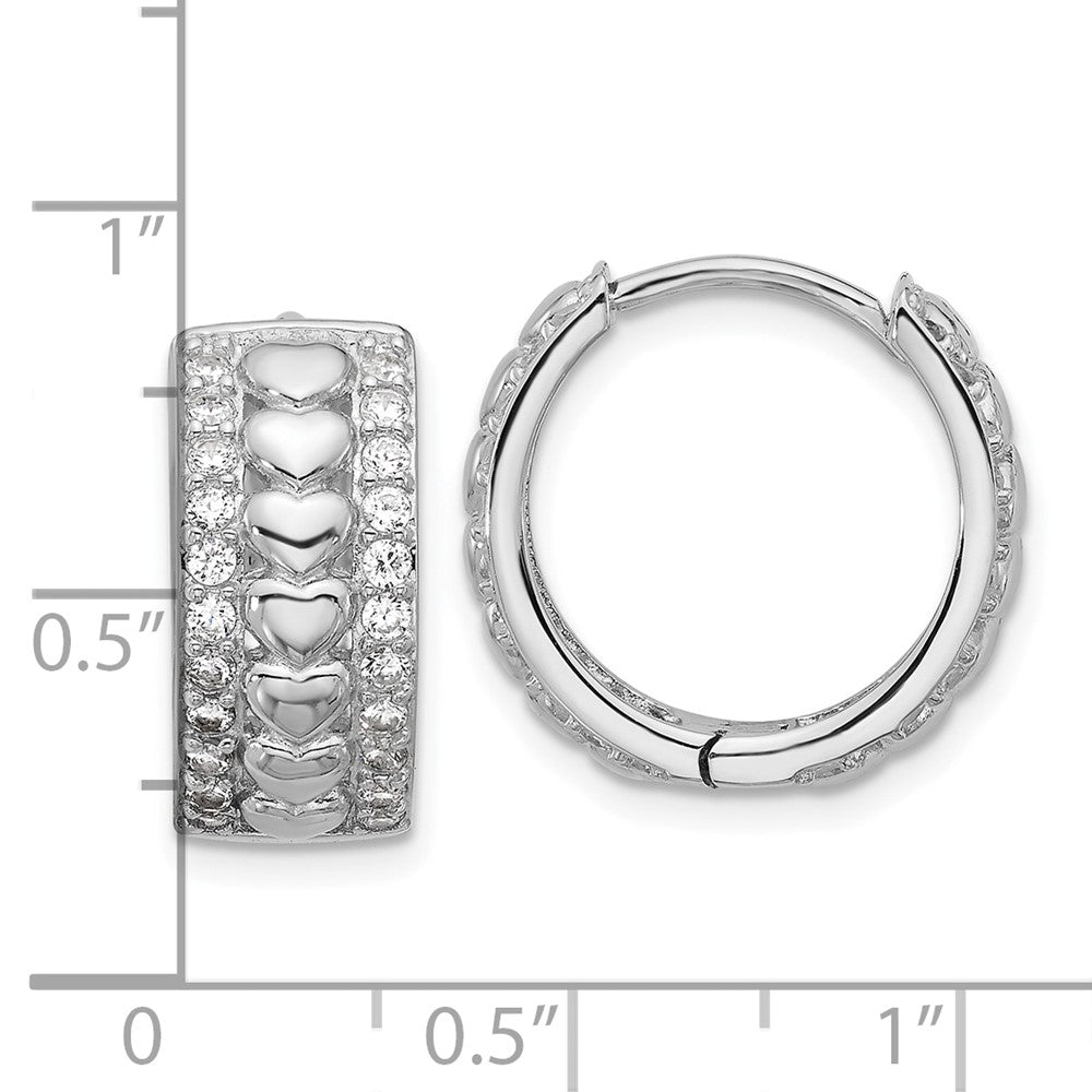 QE18127 Sterling Silver Rhodium-plated CZ Polished Hearts Hinged Hoop Earrings