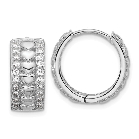 QE18127 Sterling Silver Rhodium-plated CZ Polished Hearts Hinged Hoop Earrings