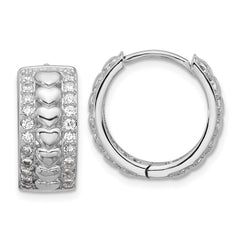 QE18127 Sterling Silver Rhodium-plated CZ Polished Hearts Hinged Hoop Earrings