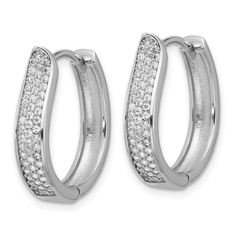 QE18128 Sterling Silver Rhodium-plated CZ Polished Curved Hinged Hoop Earrings