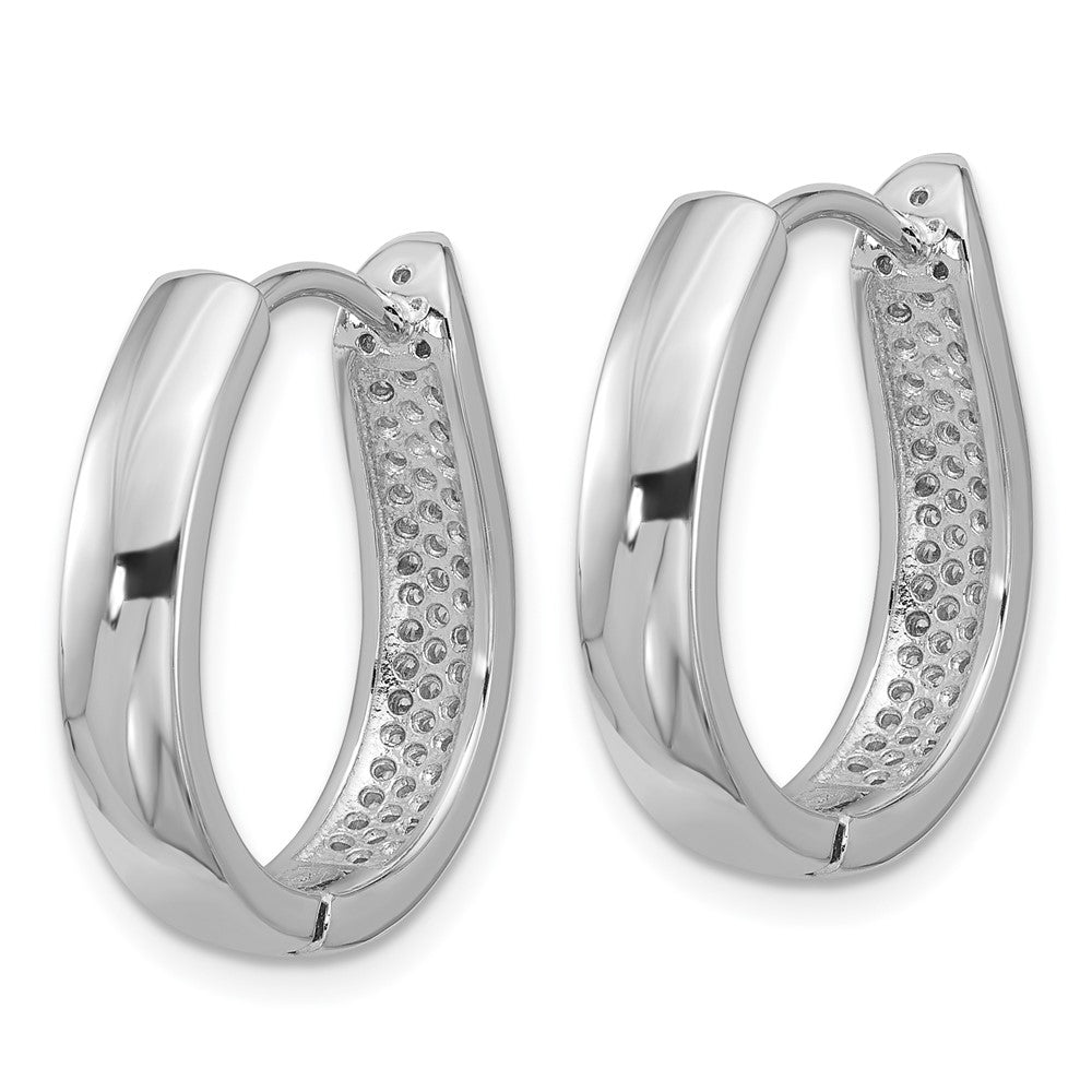 QE18128 Sterling Silver Rhodium-plated CZ Polished Curved Hinged Hoop Earrings