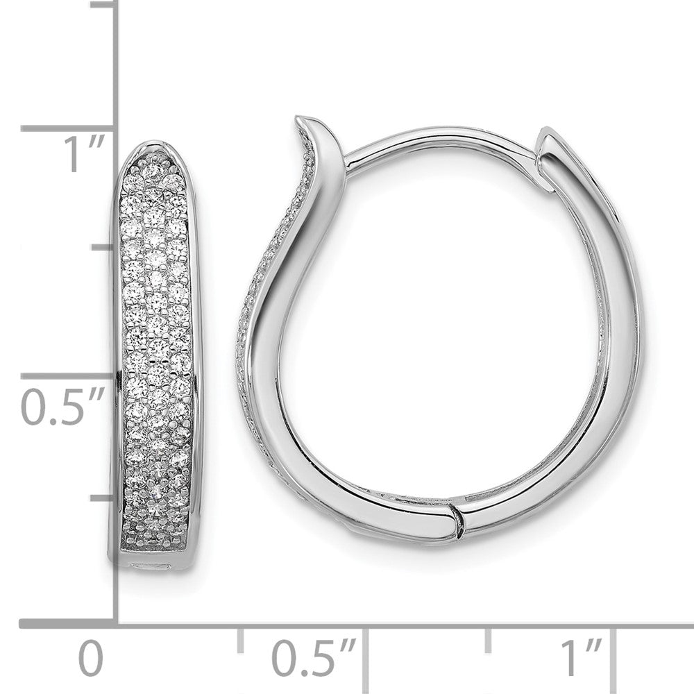 QE18128 Sterling Silver Rhodium-plated CZ Polished Curved Hinged Hoop Earrings