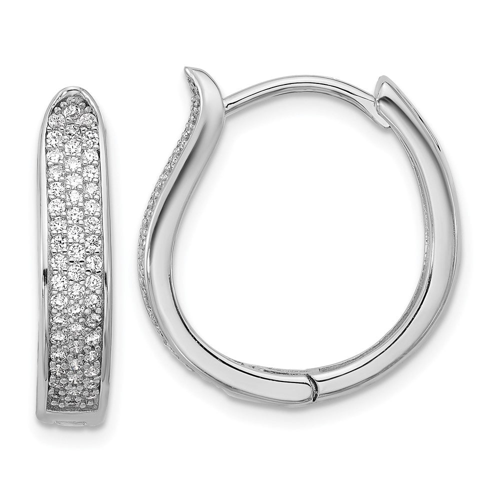 QE18128 Sterling Silver Rhodium-plated CZ Polished Curved Hinged Hoop Earrings