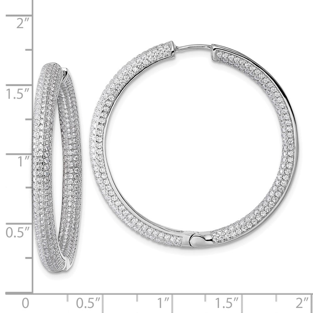 QE18129 Sterling Silver Rhodium-plated In and Out CZ Pave 3.7 x 39mm Hinged Hoop Earrings