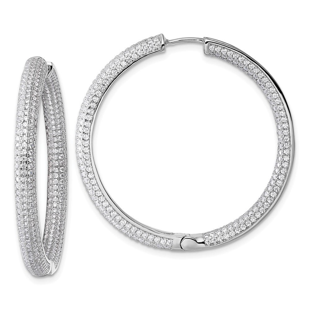 QE18129 Sterling Silver Rhodium-plated In and Out CZ Pave 3.7 x 39mm Hinged Hoop Earrings