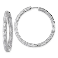 QE18129 Sterling Silver Rhodium-plated In and Out CZ Pave 3.7 x 39mm Hinged Hoop Earrings