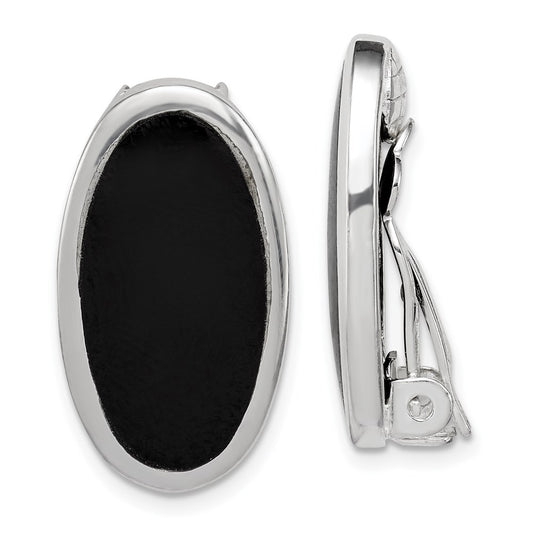 QE1812 Sterling Silver Rhodium-plated Polished Onyx Non-Pierced Oval Earrings