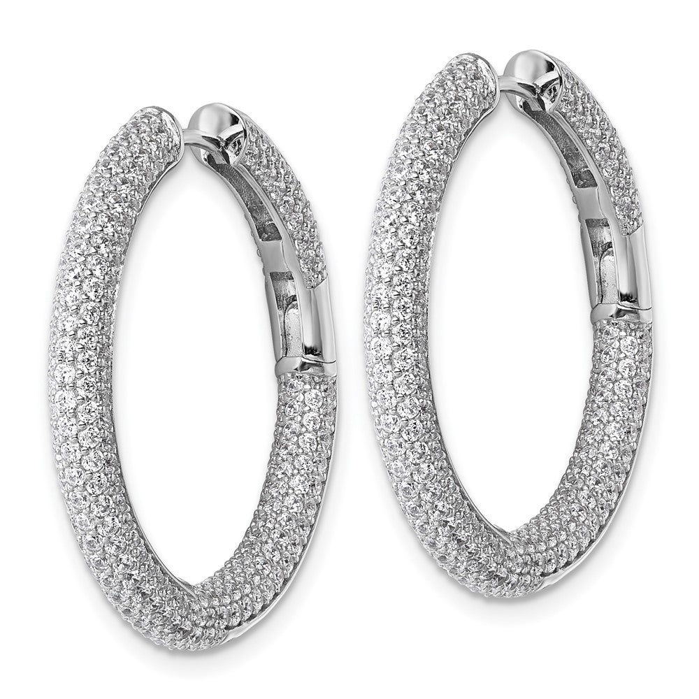 QE18130 Sterling Silver Rhodium-plated In and Out CZ Pave 3.1 x 29mm Hinged Hoop Earrings
