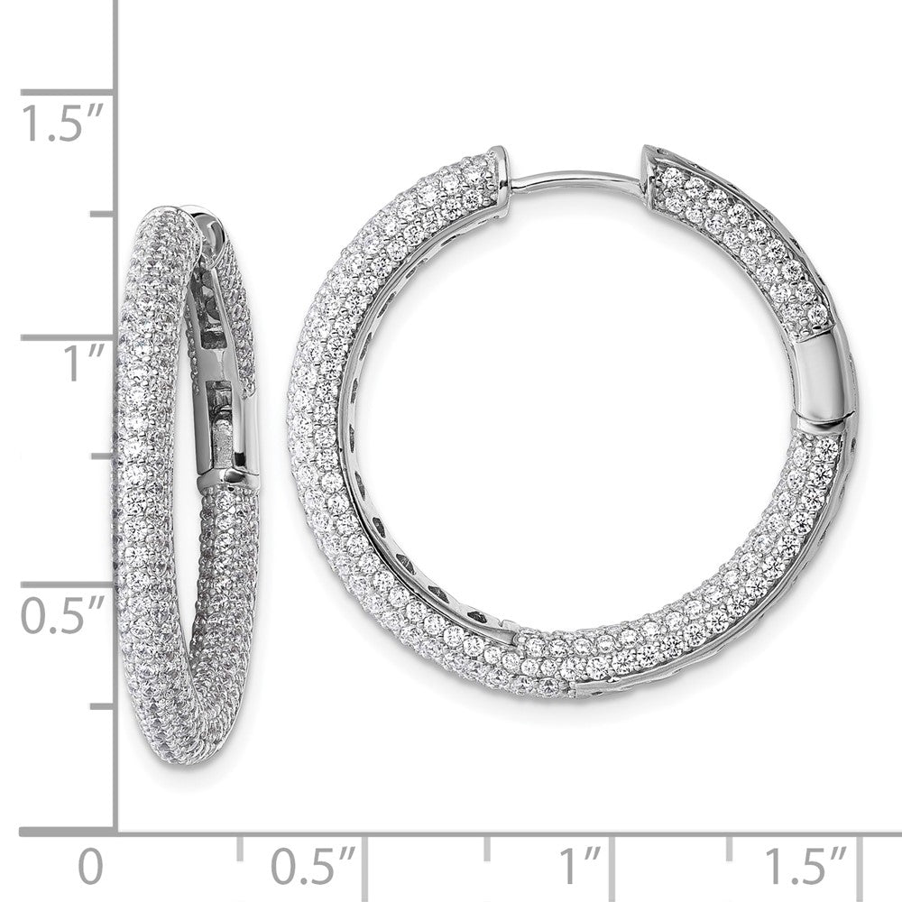 QE18130 Sterling Silver Rhodium-plated In and Out CZ Pave 3.1 x 29mm Hinged Hoop Earrings