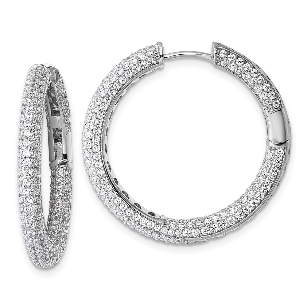 QE18130 Sterling Silver Rhodium-plated In and Out CZ Pave 3.1 x 29mm Hinged Hoop Earrings