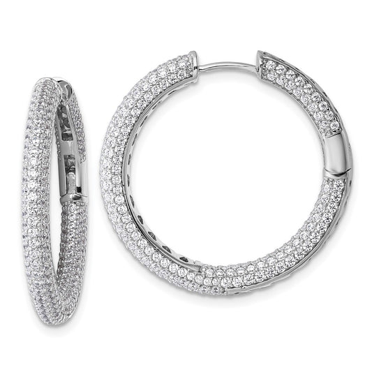 QE18130 Sterling Silver Rhodium-plated In and Out CZ Pave 3.1 x 29mm Hinged Hoop Earrings
