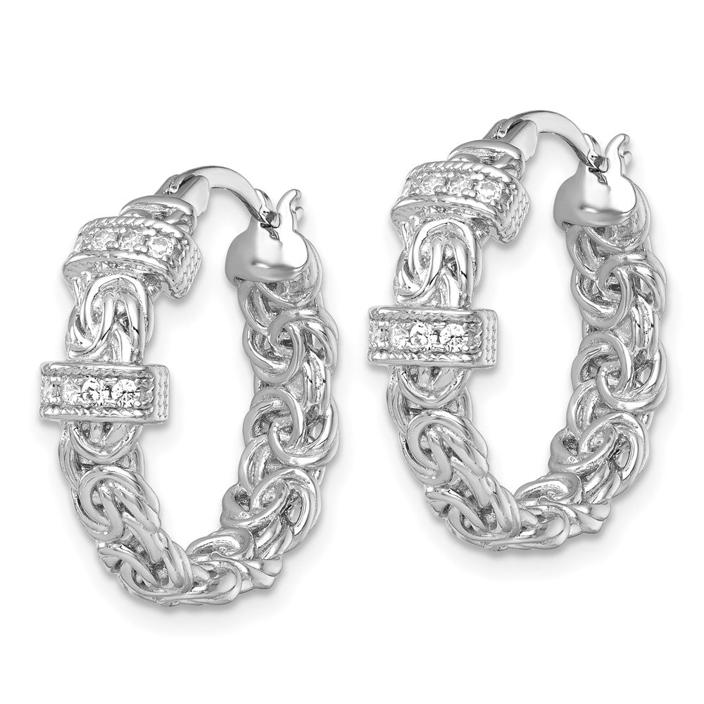 QE18132 Sterling Silver Rhodium-plated Polished CZ Byzantine Link Round Hoop Earrings