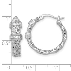QE18132 Sterling Silver Rhodium-plated Polished CZ Byzantine Link Round Hoop Earrings