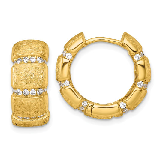 QE18136GP Sterling Silver Gold-Tone Polished and Textured CZ 8.0mm Round Hinged Hoop Earrings