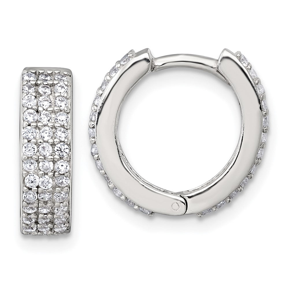 QE18137 Sterling Silver Polished 16x4.5mm 3-Row CZ Hinged Round Hoop Earrings