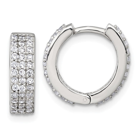 QE18137 Sterling Silver Polished 16x4.5mm 3-Row CZ Hinged Round Hoop Earrings