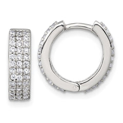 QE18137 Sterling Silver Polished 16x4.5mm 3-Row CZ Hinged Round Hoop Earrings