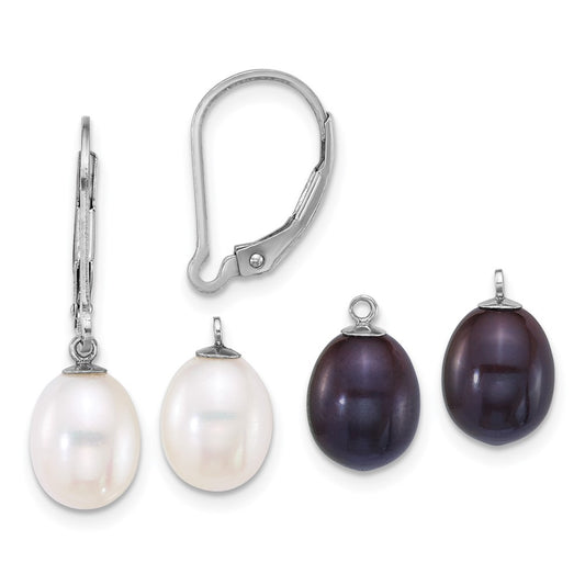 QE18139 Sterling Silver Rhodium-plated 7-8mm Rice White and Black Freshwater Cultured Pearl 2-piece Enhancer and Leverback Earring Set