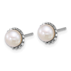 QE18145 Sterling Silver Rhodium-plated 6-7mm Button White Freshwater Cultured Pearl Zig-Zag Edge Post Earrings