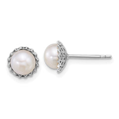 QE18145 Sterling Silver Rhodium-plated 6-7mm Button White Freshwater Cultured Pearl Zig-Zag Edge Post Earrings