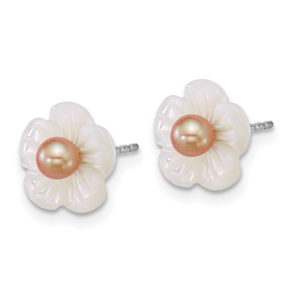 QE18146 Sterling Silver Rhodium-plated 3-4mm Pink Round Freshwater Cultured Pearl and White Mother of Pearl Flower Post Earrings