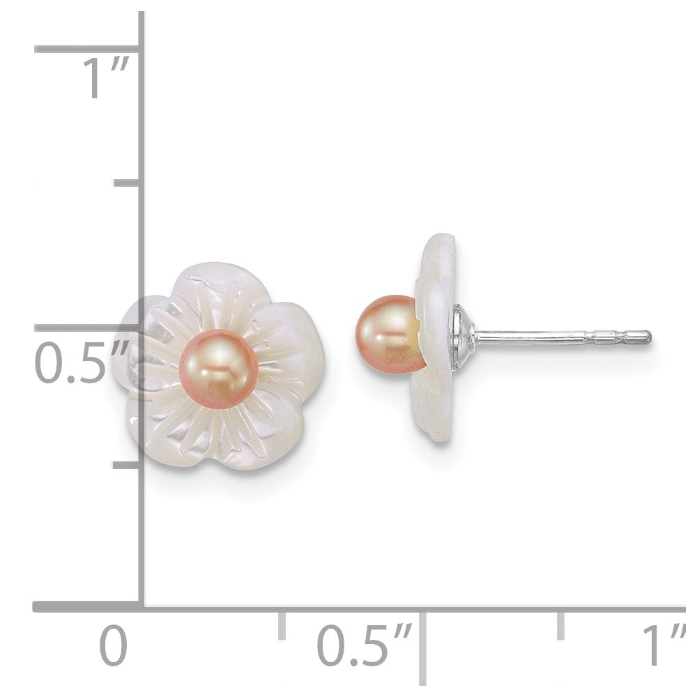 QE18146 Sterling Silver Rhodium-plated 3-4mm Pink Round Freshwater Cultured Pearl and White Mother of Pearl Flower Post Earrings