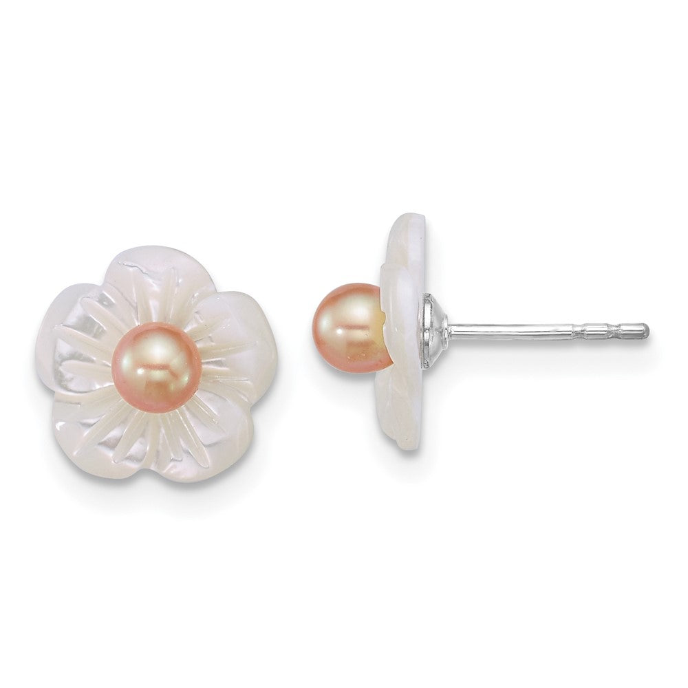 QE18146 Sterling Silver Rhodium-plated 3-4mm Pink Round Freshwater Cultured Pearl and White Mother of Pearl Flower Post Earrings