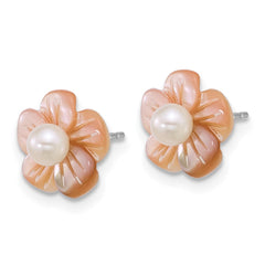 QE18147 Sterling Silver Rhodium-plated 3-4mm White Round Freshwater Cultured Pearl and Pink Mother of Pearl Flower Post Earrings
