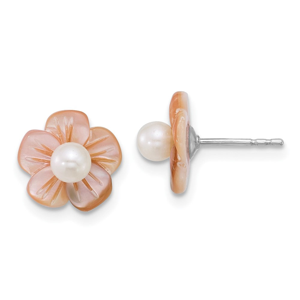 QE18147 Sterling Silver Rhodium-plated 3-4mm White Round Freshwater Cultured Pearl and Pink Mother of Pearl Flower Post Earrings