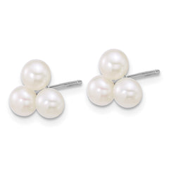 QE18148 Sterling Silver Rhodium-plated 5-6mm Button White Freshwater Cultured 3-Pearl Post Earrings