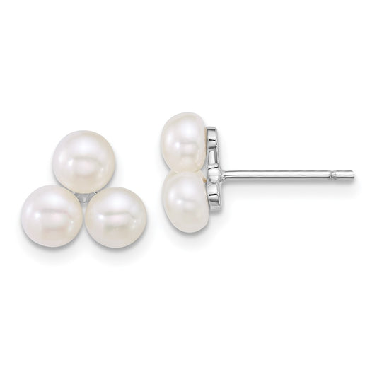 QE18148 Sterling Silver Rhodium-plated 5-6mm Button White Freshwater Cultured 3-Pearl Post Earrings