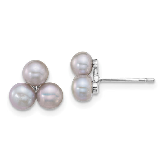 QE18149 Sterling Silver Rhodium-plated 5-6mm Button Grey Freshwater Cultured 3-Pearl Post Earrings