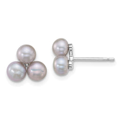QE18149 Sterling Silver Rhodium-plated 5-6mm Button Grey Freshwater Cultured 3-Pearl Post Earrings