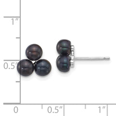 QE18150 Sterling Silver Rhodium-plated 5-6mm Button Black Freshwater Cultured 3-Pearl Post Earrings