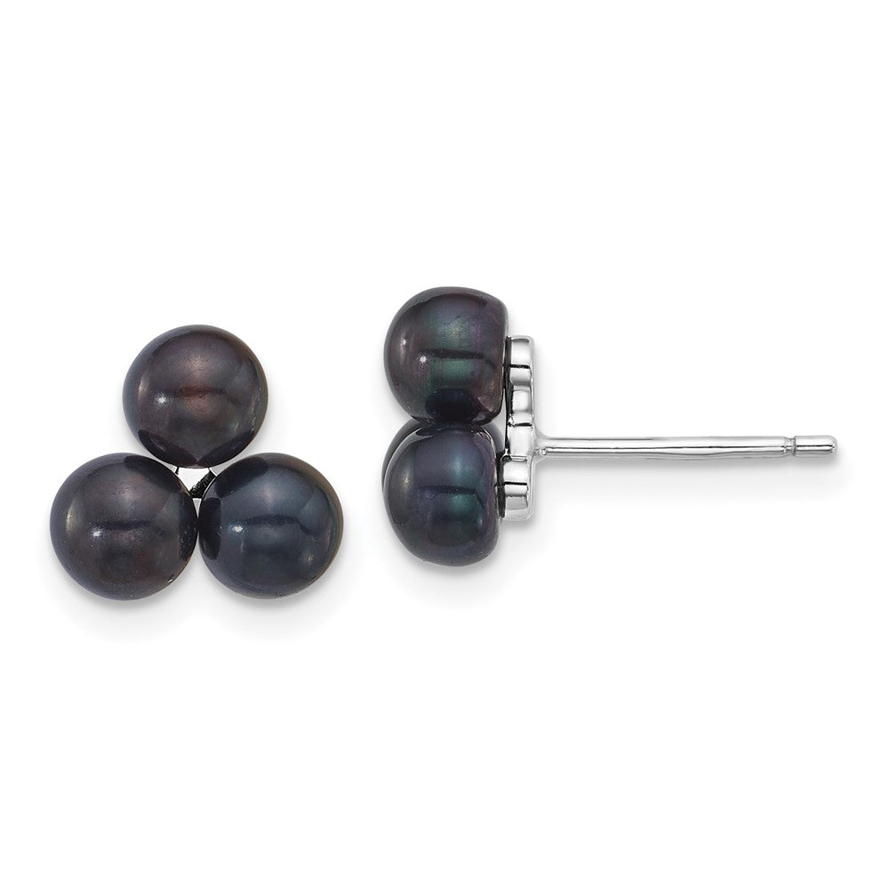QE18150 Sterling Silver Rhodium-plated 5-6mm Button Black Freshwater Cultured 3-Pearl Post Earrings