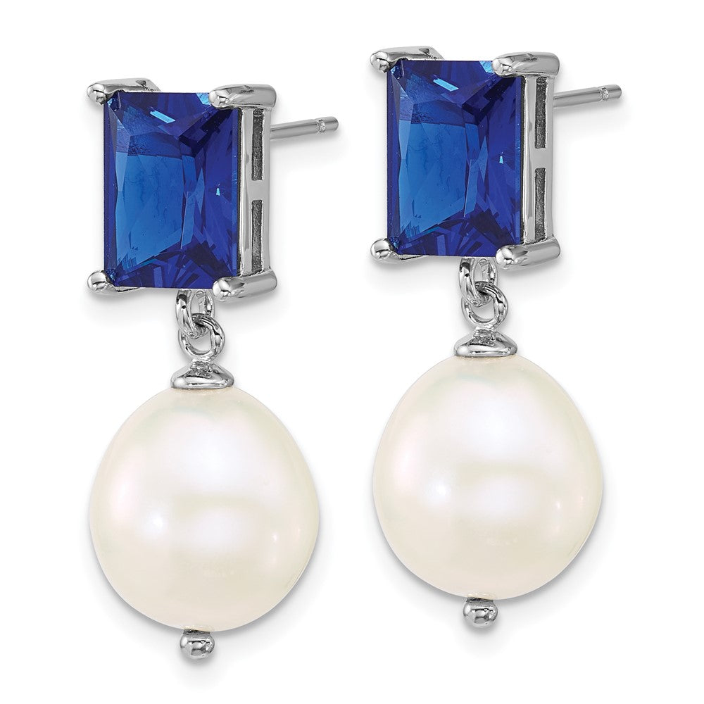 QE18152 Sterling Silver Rhodium-plated 9-11mm Semi-Round White Freshwater Cultured Pearl and Emerald-cut Blue CZ Dangle Post Earrings