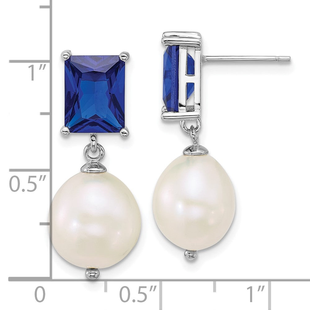 QE18152 Sterling Silver Rhodium-plated 9-11mm Semi-Round White Freshwater Cultured Pearl and Emerald-cut Blue CZ Dangle Post Earrings