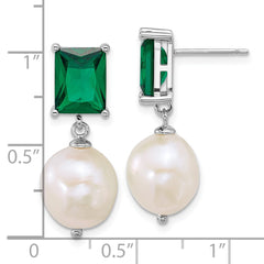 QE18153 Sterling Silver Rhodium-plated 9-11mm Semi-Round White Freshwater Cultured Pearl and Emerald-cut Green CZ Dangle Post Earrings