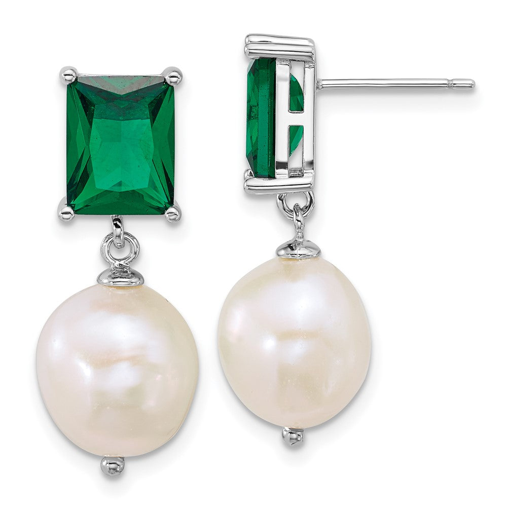 QE18153 Sterling Silver Rhodium-plated 9-11mm Semi-Round White Freshwater Cultured Pearl and Emerald-cut Green CZ Dangle Post Earrings