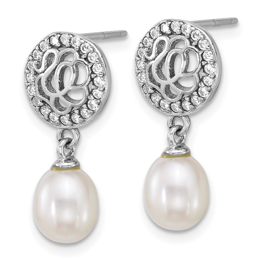 QE18154 Sterling Silver Rhodium-plated 6-7mm Rice White Freshwater Cultured Pearl and CZ Dangle Post Earrings