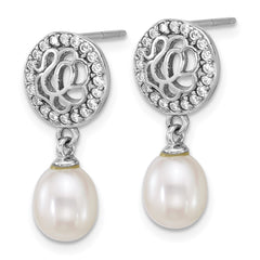 QE18154 Sterling Silver Rhodium-plated 6-7mm Rice White Freshwater Cultured Pearl and CZ Dangle Post Earrings