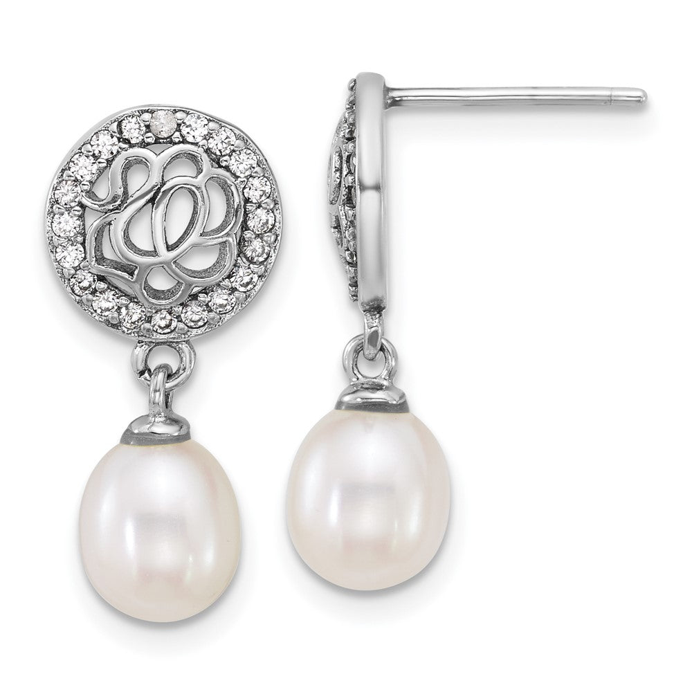 QE18154 Sterling Silver Rhodium-plated 6-7mm Rice White Freshwater Cultured Pearl and CZ Dangle Post Earrings