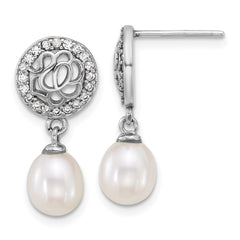 QE18154 Sterling Silver Rhodium-plated 6-7mm Rice White Freshwater Cultured Pearl and CZ Dangle Post Earrings