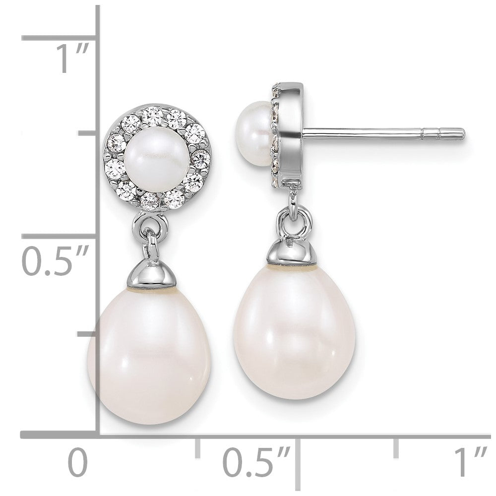 QE18155 Sterling Silver Rhodium-plated 4-5mm Round and 6-8mm Teardrop Freshwater Cultured Pearl and CZ Halo Dangle Post Earrings