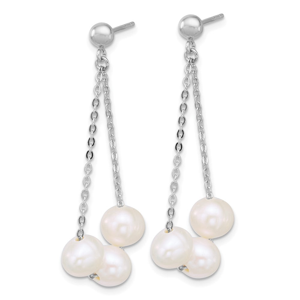 QE18156 Sterling Silver Rhodium-plated 6-7mm Semi-Round White Freshwater Cultured 3-Pearl and Chain Dangle Post Earrings