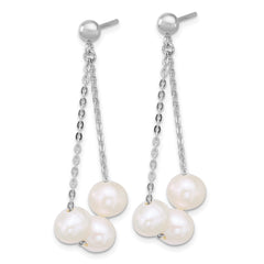 QE18156 Sterling Silver Rhodium-plated 6-7mm Semi-Round White Freshwater Cultured 3-Pearl and Chain Dangle Post Earrings