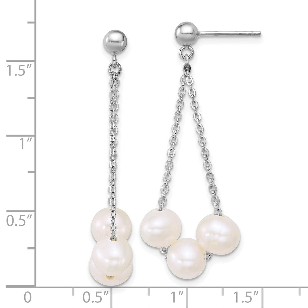 QE18156 Sterling Silver Rhodium-plated 6-7mm Semi-Round White Freshwater Cultured 3-Pearl and Chain Dangle Post Earrings