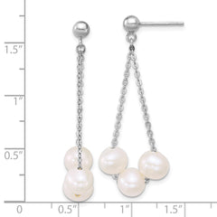 QE18156 Sterling Silver Rhodium-plated 6-7mm Semi-Round White Freshwater Cultured 3-Pearl and Chain Dangle Post Earrings